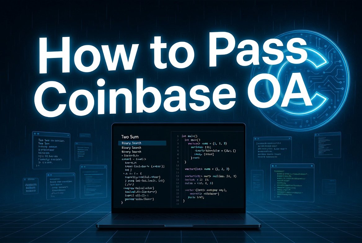 Banner: "How to Pass Coinbase OA" with a laptop showing code, blue neon theme for a coding tutorial.