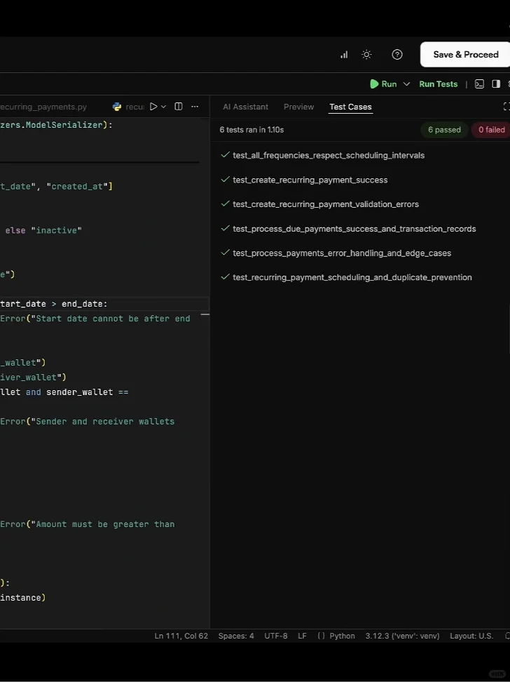 Dark-mode IDE screen showing Python code on the left and a Test Cases panel on the right; six tests ran in 1.10s with all tests passing (6 passed, 0 failed). UI shows Run/Run Tests and a Save & Proceed button at the top.