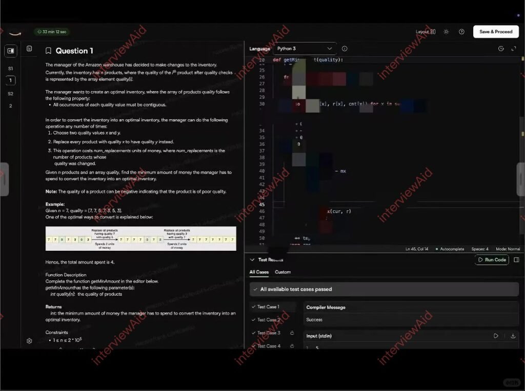 Split-screen screenshot: left panel shows a written problem about inventory quality; right panel shows Python code in a dark editor, with colored blocks and line numbers. watermark reads 'interviewAid'.