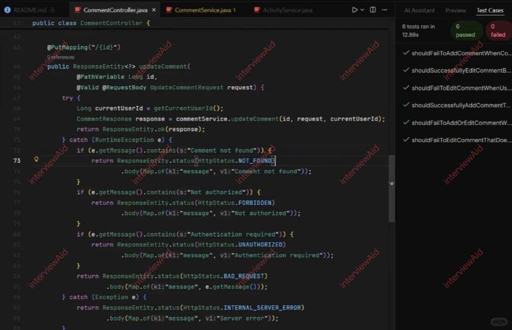 Java Spring controller code: updateComment method with @PutMapping('/{id}'), handling request and errors in a try-catch block (Info visible: ResponseEntity, NOT_FOUND, UNAUTHORIZED).