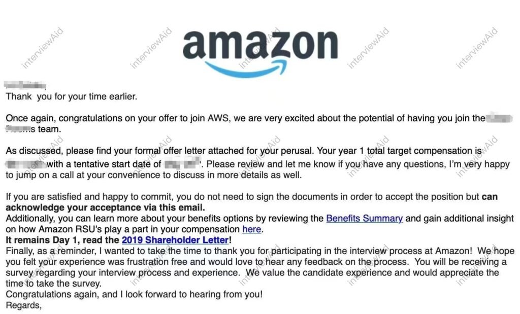 Screenshot of an email header with the Amazon logo, followed by body text congratulating the recipient on an AWS offer and mentioning a formal offer letter and benefits details.
