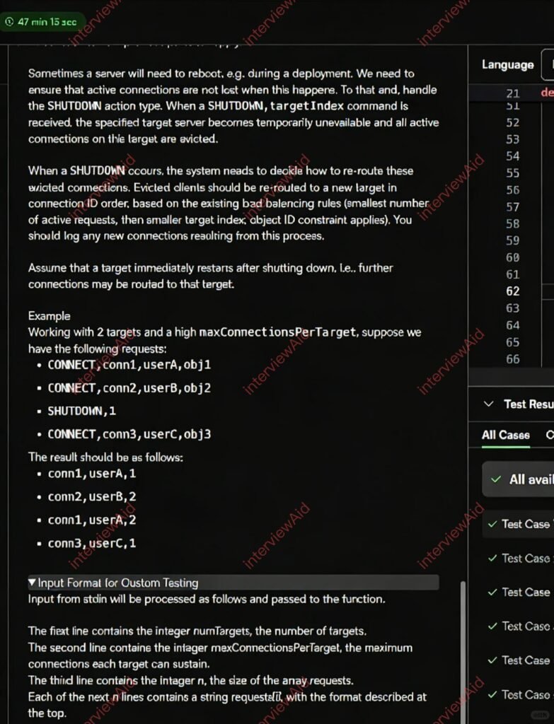 Screenshot of a dark command-guide discussing SHUTDOWN handling, target routing, and example CONNECT/SHUTDOWN commands with a right-side test results panel.