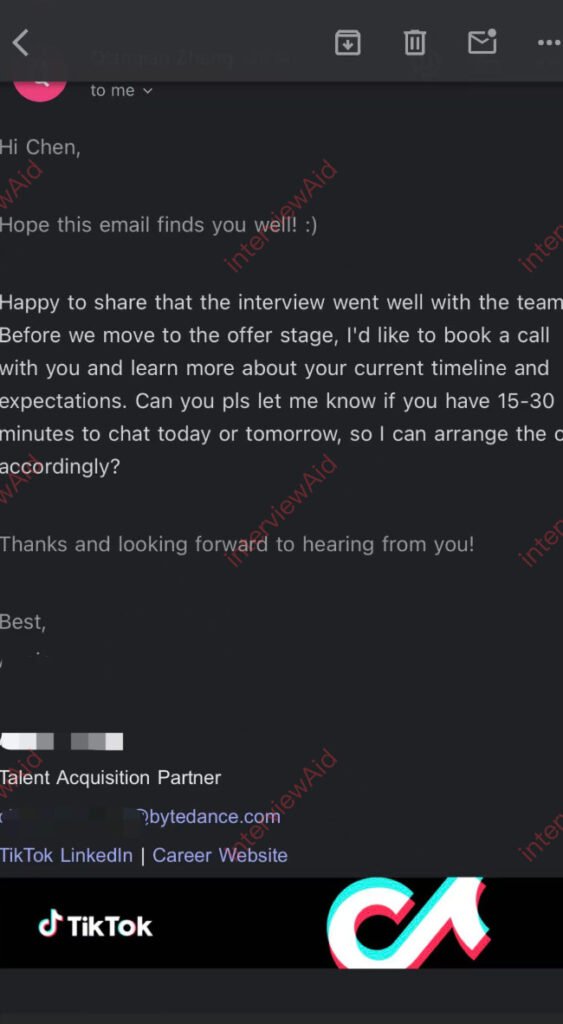 Dark-mode email screenshot from Talent Acquisition asking Chen to schedule a 15–30 minute call to discuss the offer timeline and next steps after a successful interview.