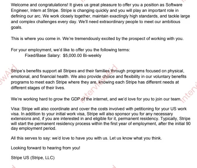 Stripe job offer letter screenshot for Software Engineer, Intern; includes salary (,000 bi-weekly) and visa/benefits details.