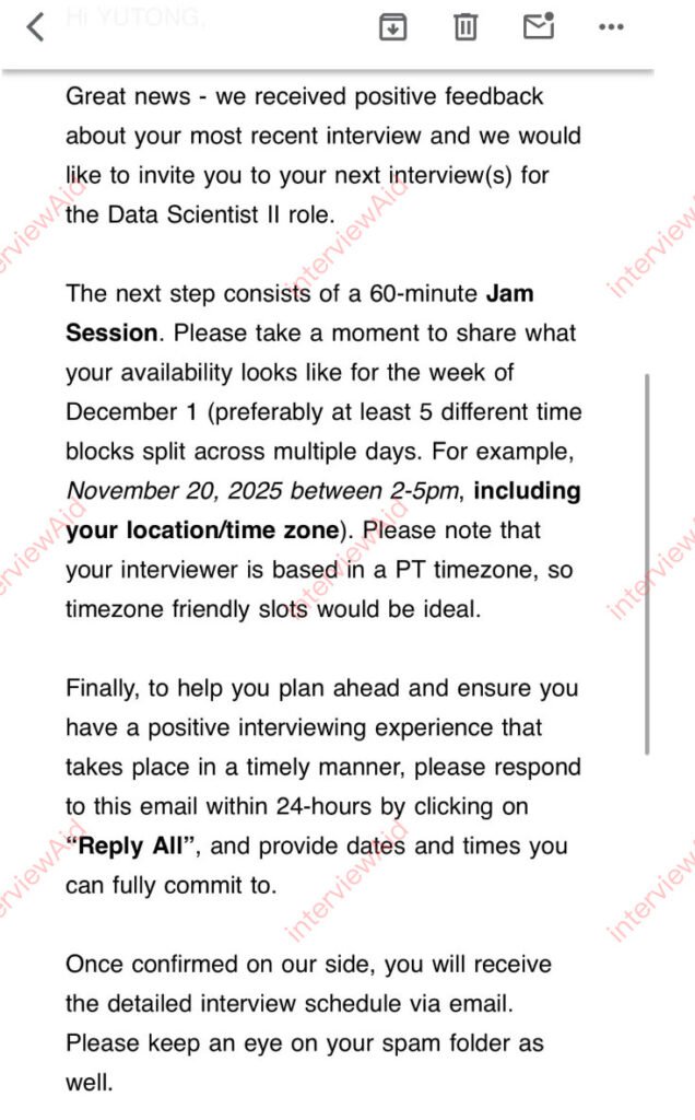 Email inviting to a Data Scientist II interview with a 60-minute Jam Session and scheduling details