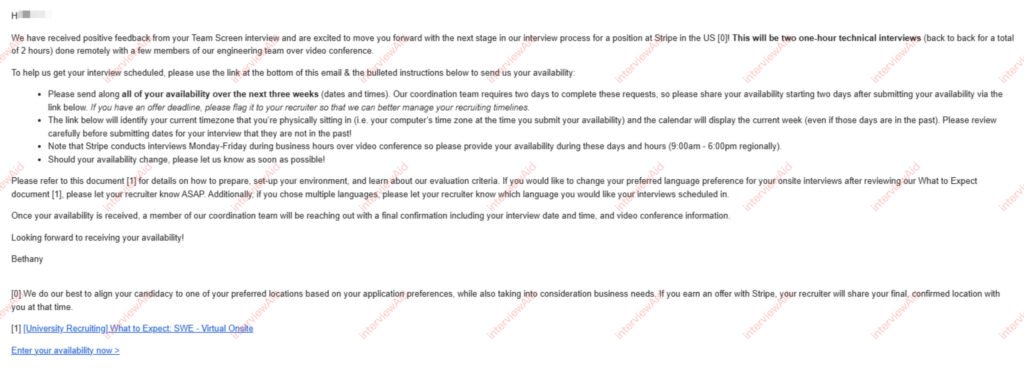Email confirming two 1-hour technical interviews and next steps for a remote interview process (scheduling details).