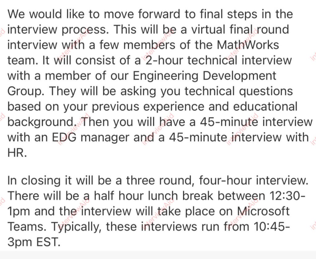 Text outlining a remote interview process: virtual final round, 2-hour technical interview, 45-minute HR interview, three-round four-hour interview, lunch break, and Teams.