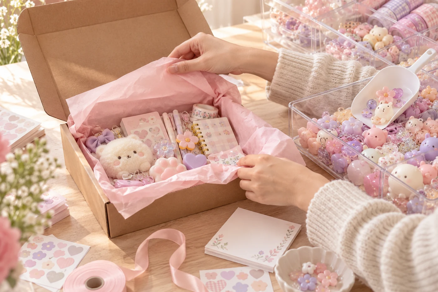 A packing table with pastel scoop surprises
