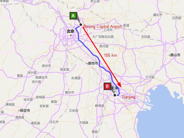 Beijing Airport to Tianjin Map