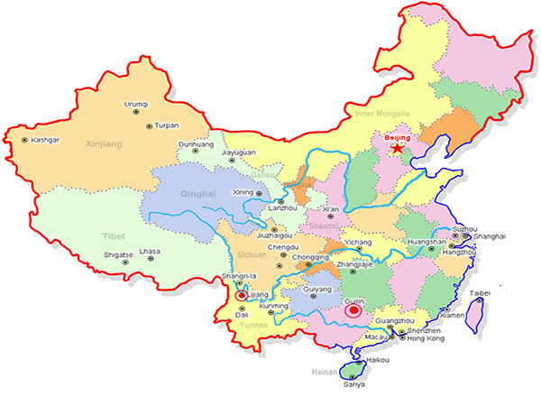 Guilin VS Lijaing location on China map
