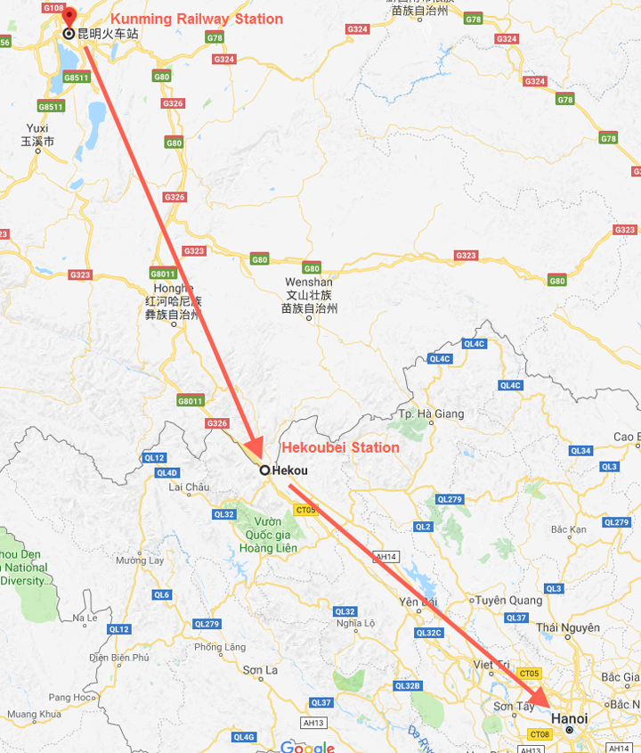 how to get to hanoi from kunming--route on map