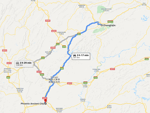 get to fenghuang ancient town from zhangjiajie map