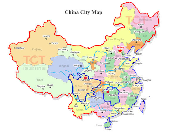 zhangjiajie and Jiuzhai on China map
