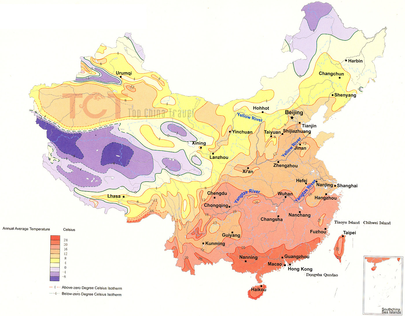 Average annual temperature map of China