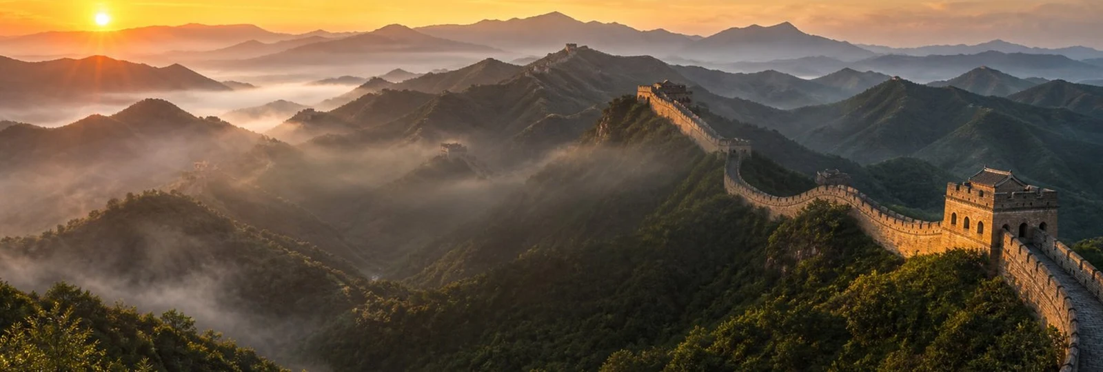 The Great Wall winding across mountain ridges at sunrise